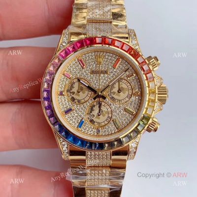 Super Clone 1:1 Calibre 4130 Rolex Rainbow Daytona Diamond Dial Yellow Gold 40mm Watch